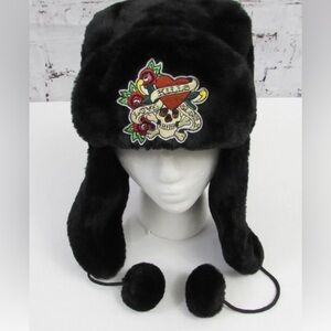 Ed Hardy Black Faux Fur Hat with Skull Embroidery